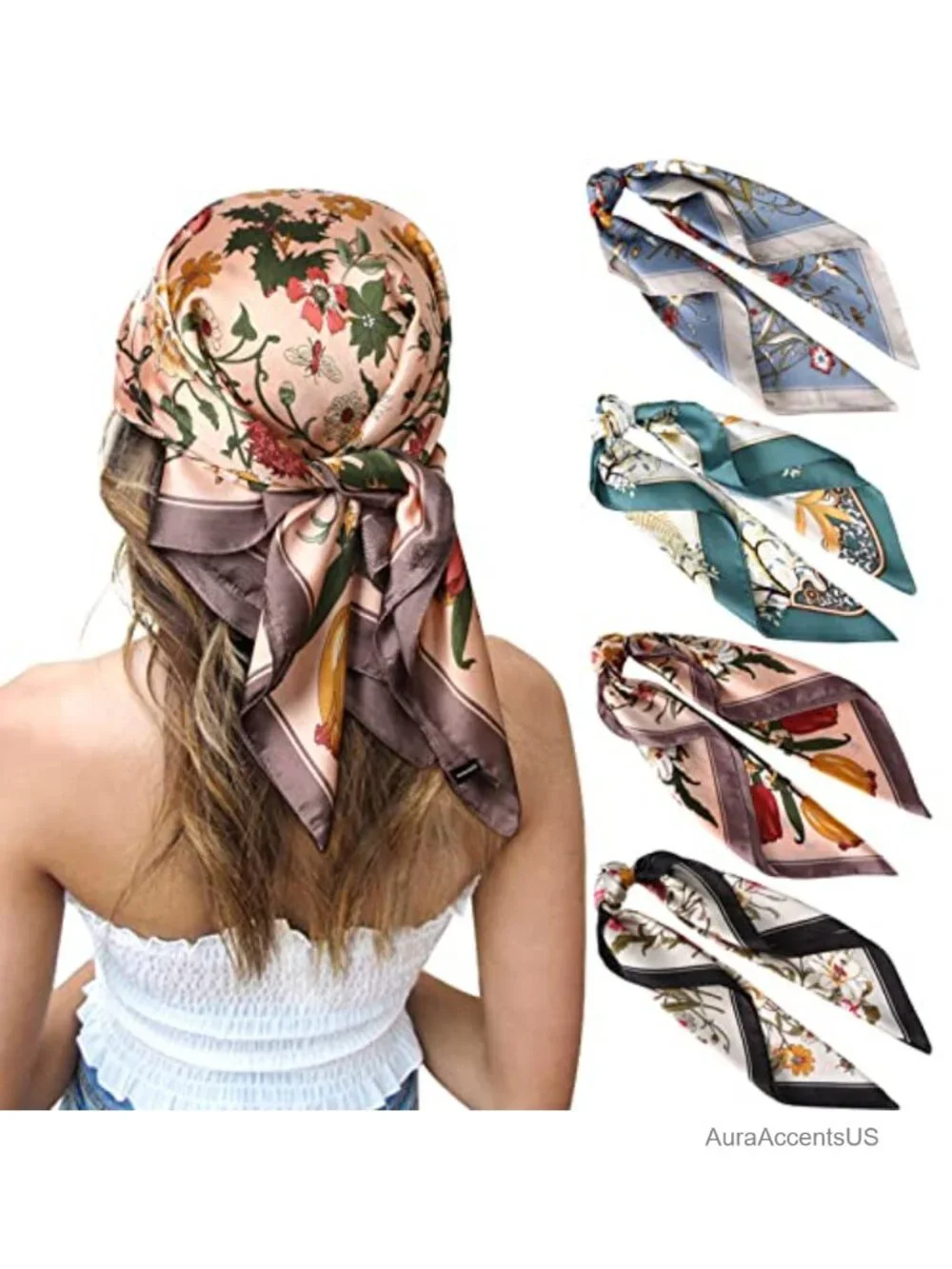Satin Square Scarves for Women - 4 Pack Head Kerchiefs Hair Bandanas